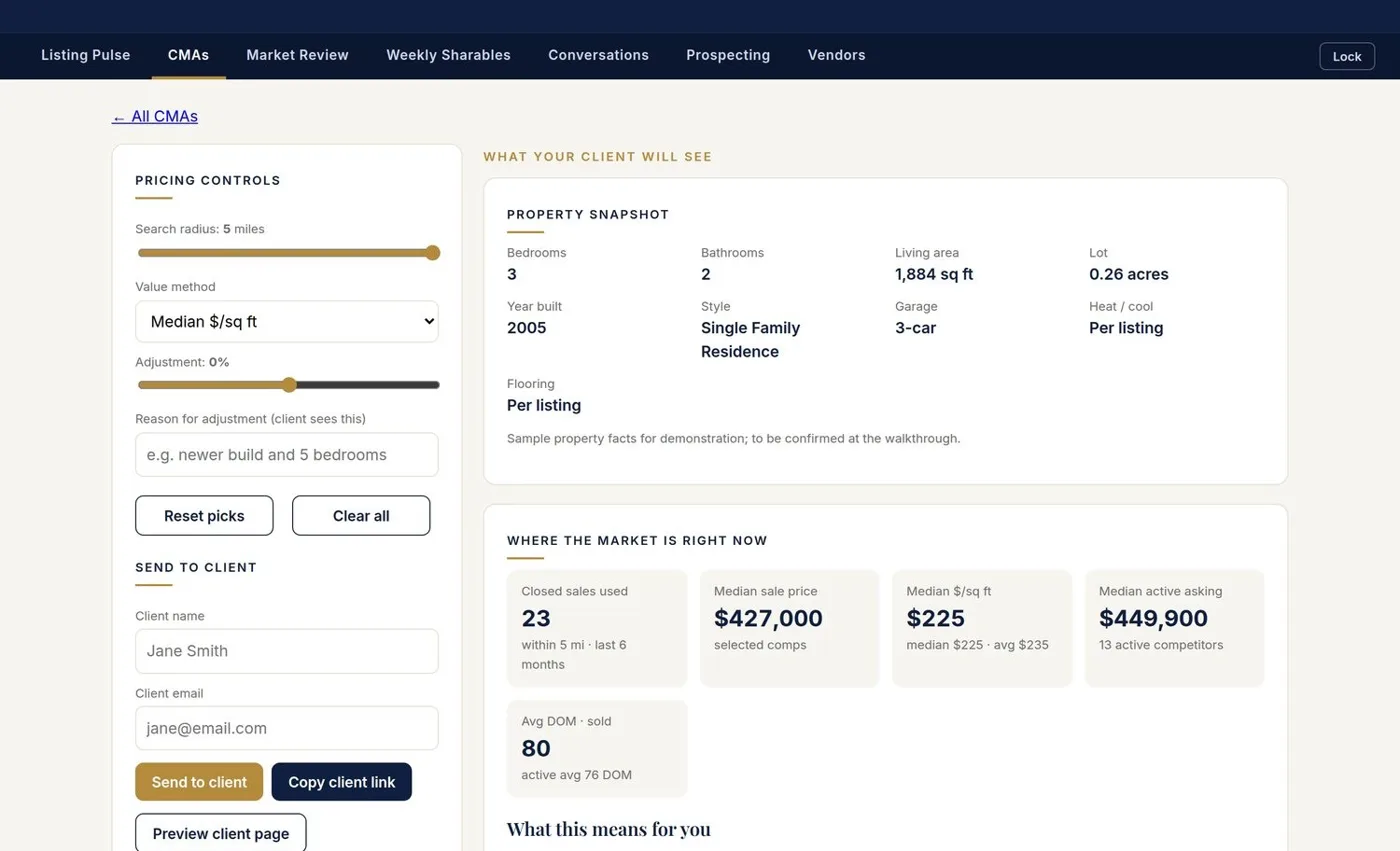 CMA workspace with selectable comps and pricing controls